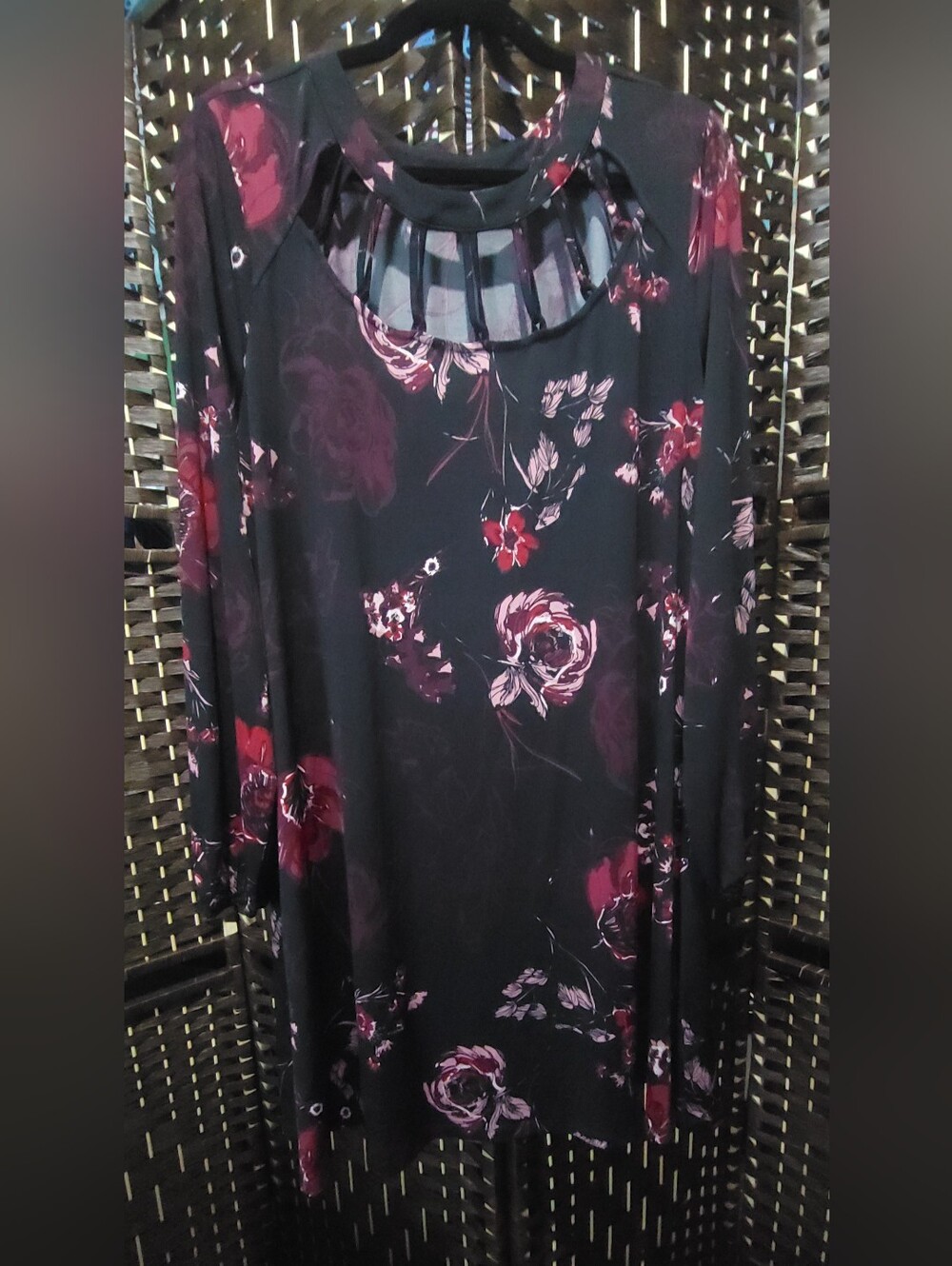 Maurices Black Floral Cutout Neck Long Sleeve Dress